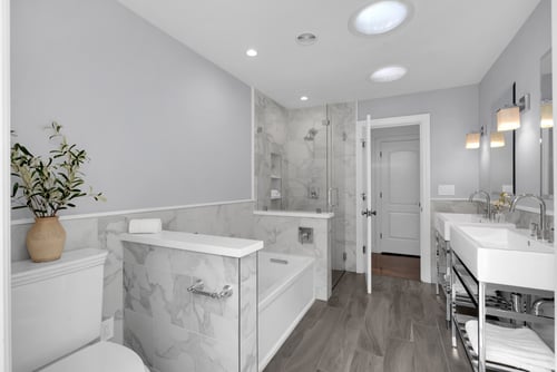 Luxury gray and white bathroom remodel in Santa Clara County by Heartwood Residential