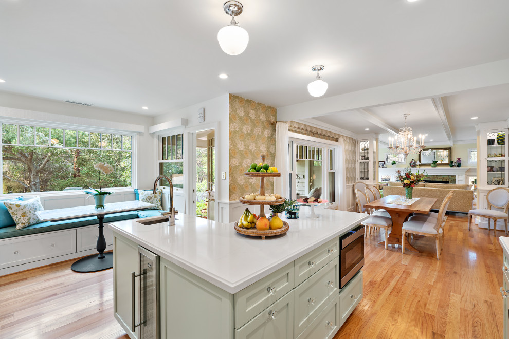 Los Gatos Whole Home Remodel Kitchen, Window Seat, Dining Area, and Living Room by Heartwood Residential Design + Build