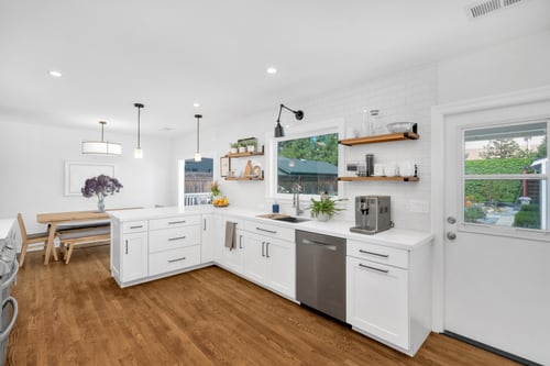 White open kitchen with white cabinetry and modern fixtures