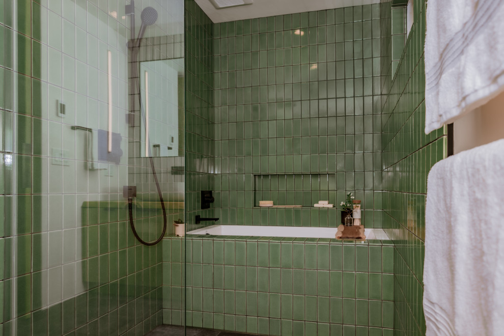 Remodeled bathroom bathtub with green time and walk-in shower by Heartwood Residential Design + Build